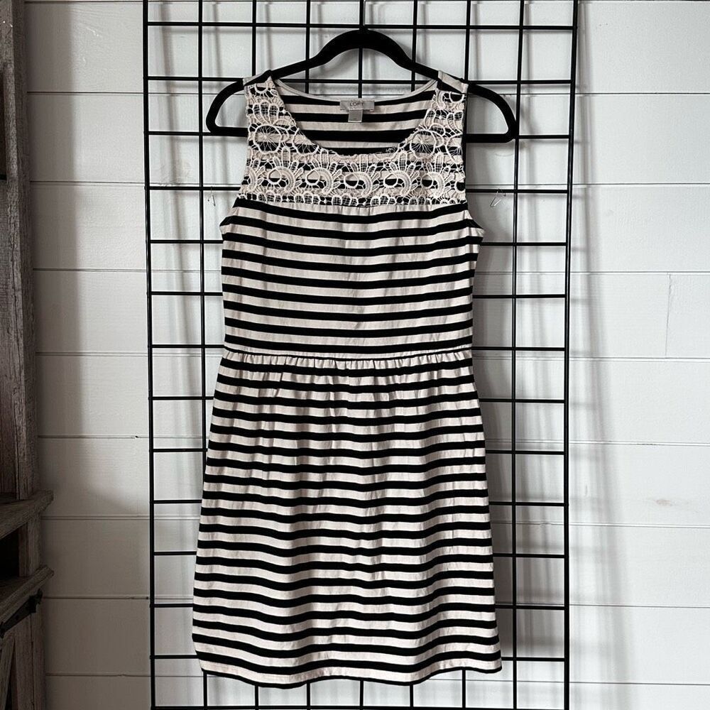 Ann‎ Taylor Loft Dress Womens XS Black White Striped Sleeveless Casual